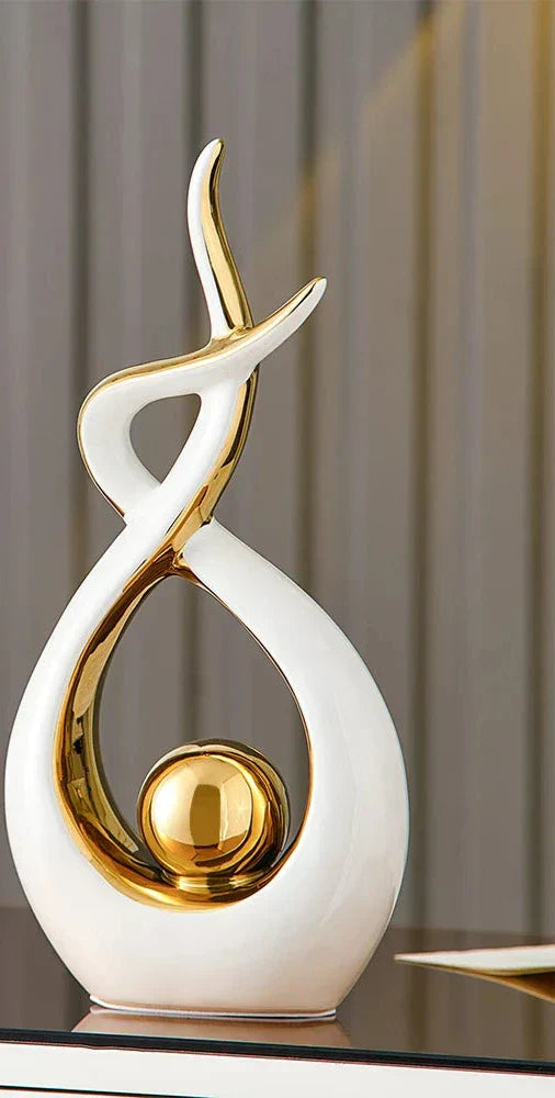 Abstract Ceramic Sculpture with Gold Accents-Home Decor > Sculptures & Figurines-casanuva-Large Twist 16x6x31cm-White-casanuva