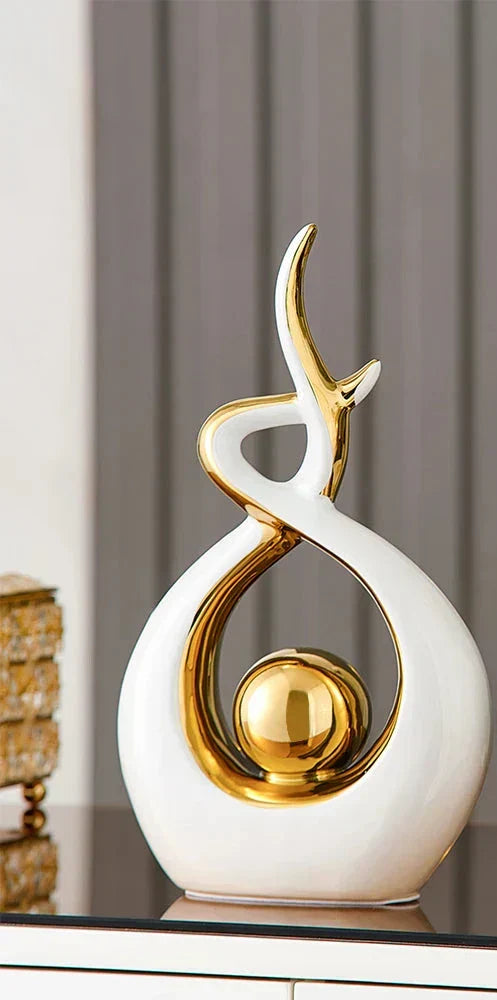 Abstract Ceramic Sculpture with Gold Accents-Home Decor > Sculptures & Figurines-casanuva-Round Spiral 17x6x27cm-White-casanuva
