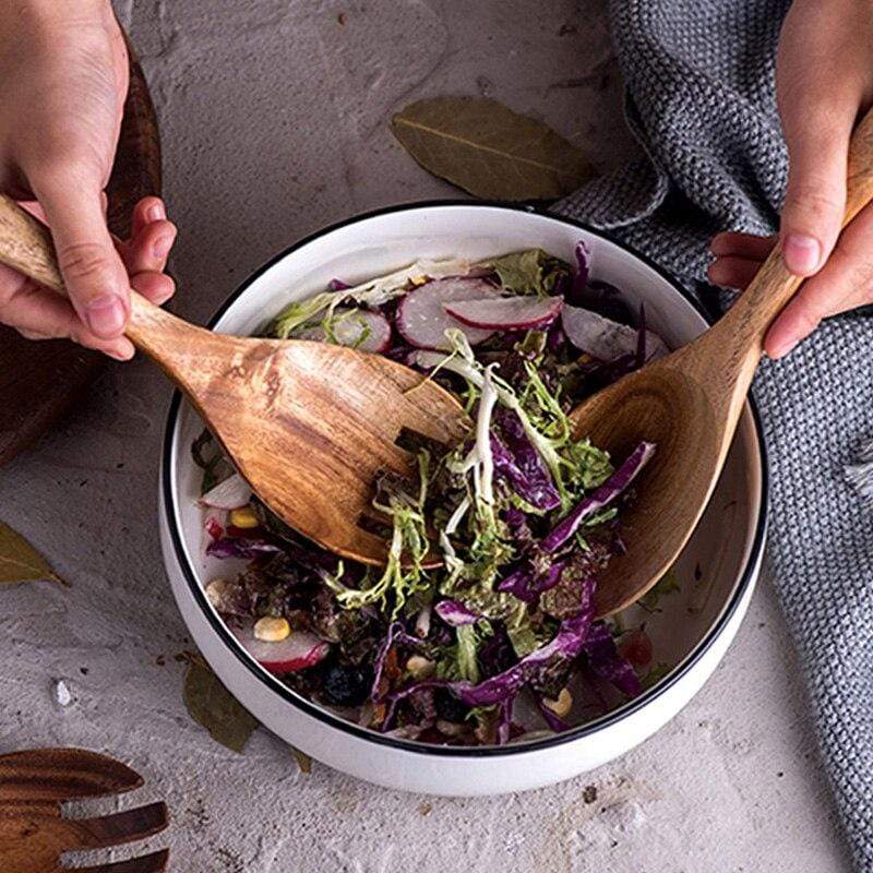 Acacia Wood Salad Serving Set Handcrafted Kitchen Utensils-Kitchen & Dining > Cooking Utensils-casanuva-casanuva