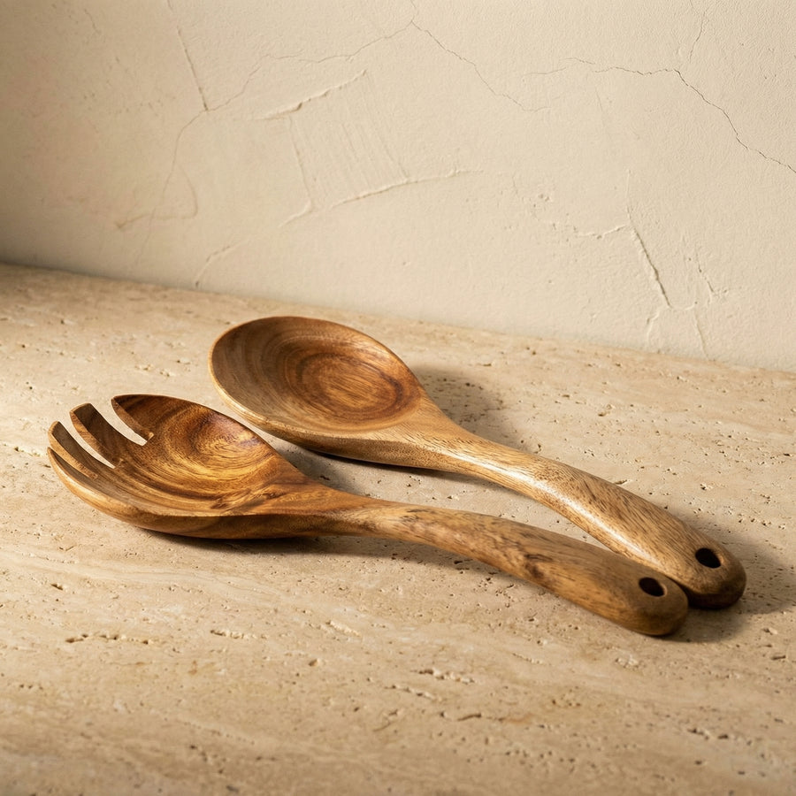 Acacia Wood Salad Serving Set Handcrafted Kitchen Utensils-Kitchen & Dining > Cooking Utensils-casanuva-casanuva