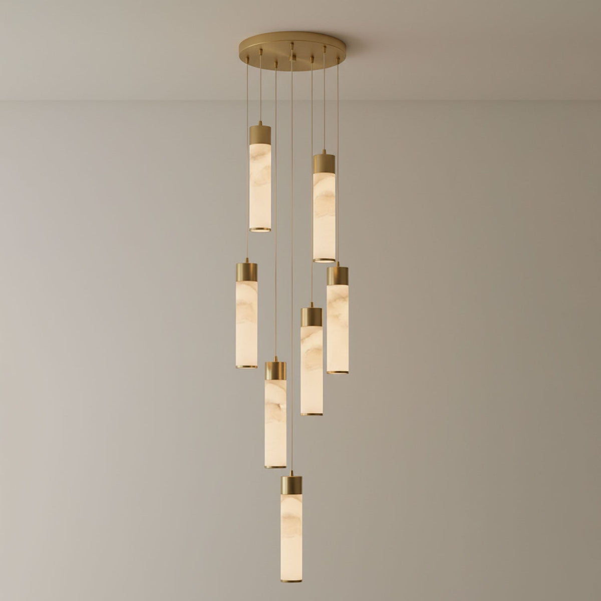 Alabaster Brass Pendant Lamp-Lighting > Pendant Lights-casanuva-7 Heads 30cmx170cm-Brass & White Alabaster-Warm White-casanuva