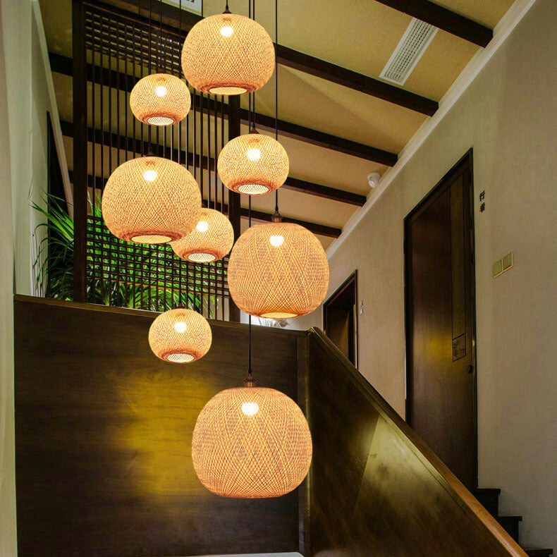 Bamboo Weaving Round Beige Pendant Light 1-Light Japanese Design-Lighting > Pendant Lights-casanuva-casanuva
