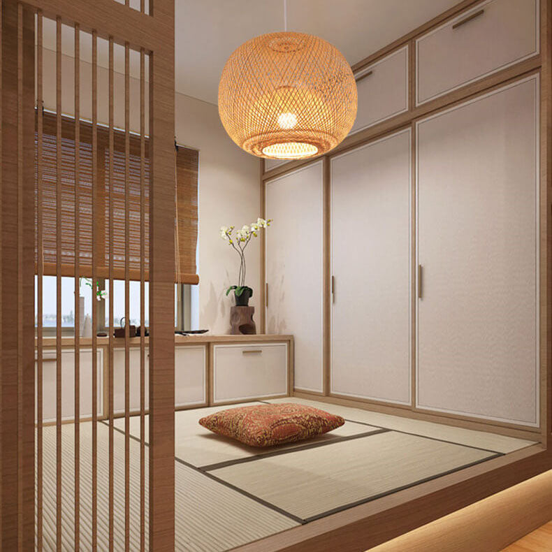 Bamboo Weaving Round Beige Pendant Light 1-Light Japanese Design-Lighting > Pendant Lights-casanuva-casanuva