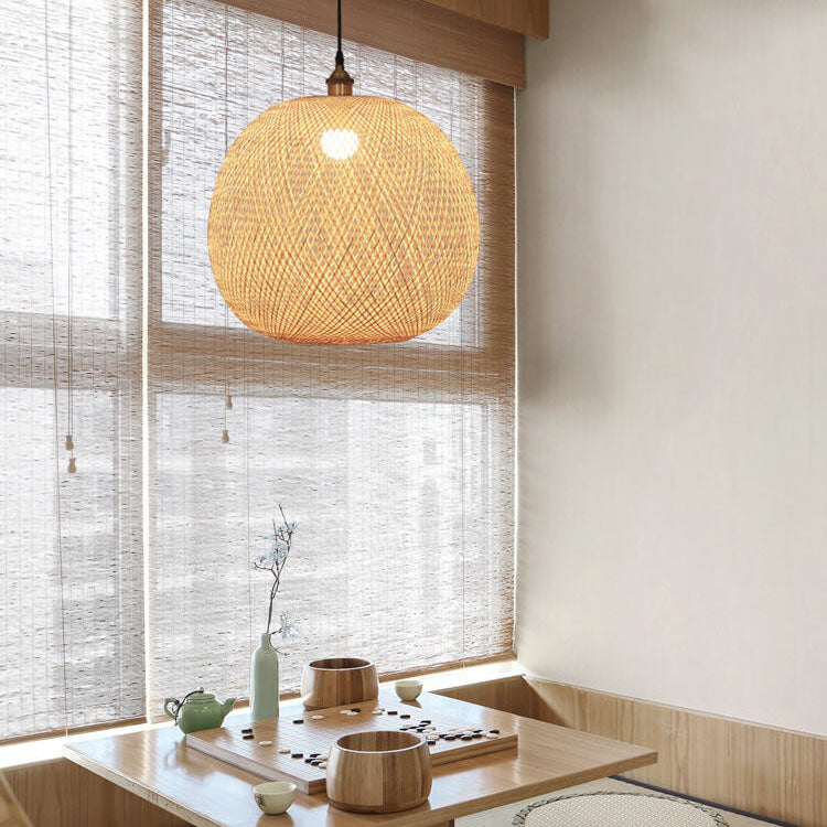 Bamboo Weaving Round Beige Pendant Light 1-Light Japanese Design-Lighting > Pendant Lights-casanuva-casanuva