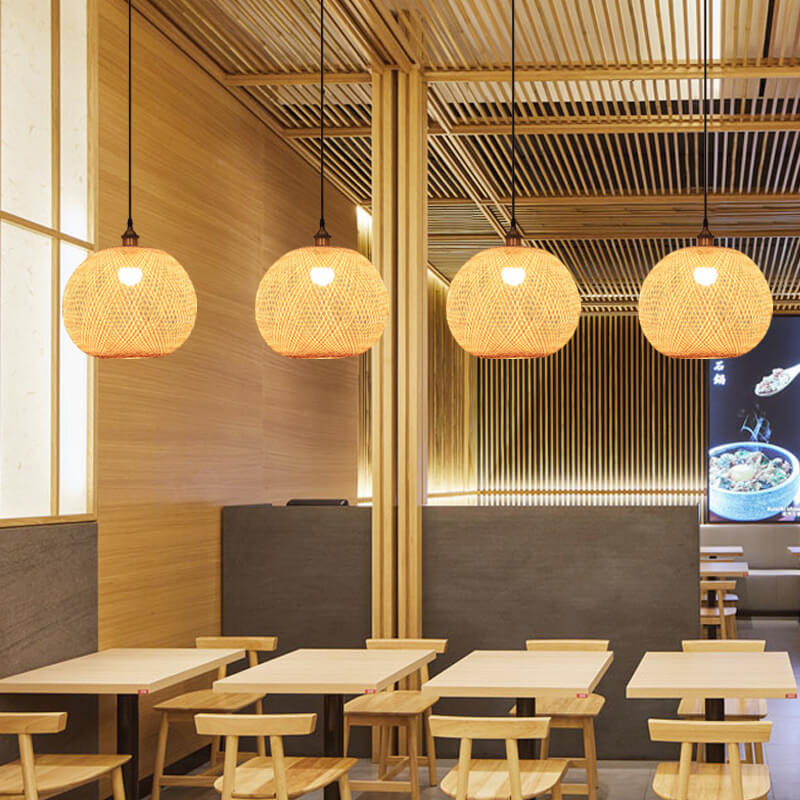 Bamboo Weaving Round Beige Pendant Light 1-Light Japanese Design-Lighting > Pendant Lights-casanuva-casanuva