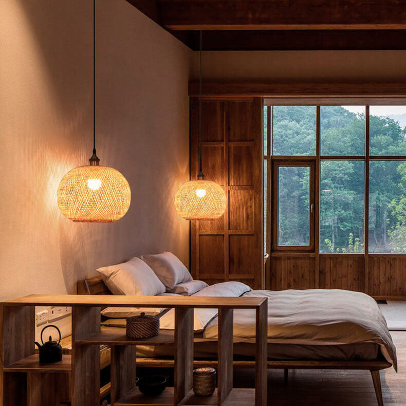 Bamboo Weaving Round Beige Pendant Light 1-Light Japanese Design-Lighting > Pendant Lights-casanuva-casanuva