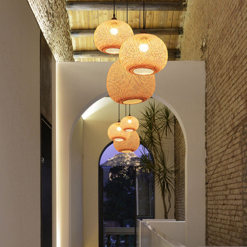 Bamboo Weaving Round Beige Pendant Light 1-Light Japanese Design-Lighting > Pendant Lights-casanuva-casanuva