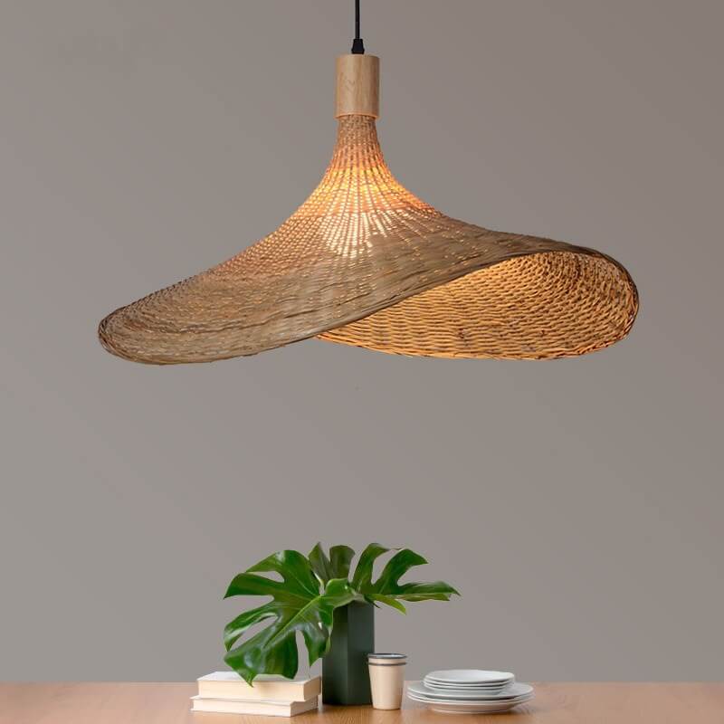 Bamboo Woven Pendant Light with Straw Hat Design-Lighting > Pendant Lights-casanuva-Medium-220V-240V-Black Wire-casanuva