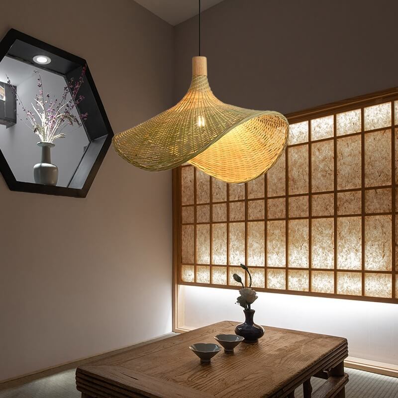 Bamboo Woven Pendant Light with Straw Hat Design-Lighting > Pendant Lights-casanuva-Small-100V-120V-Black Wire-casanuva
