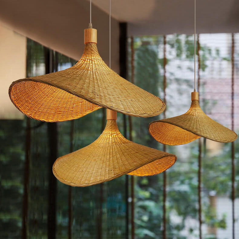 Bamboo Woven Pendant Light with Straw Hat Design-Lighting > Pendant Lights-casanuva-Small-220V-240V-White Wire-casanuva