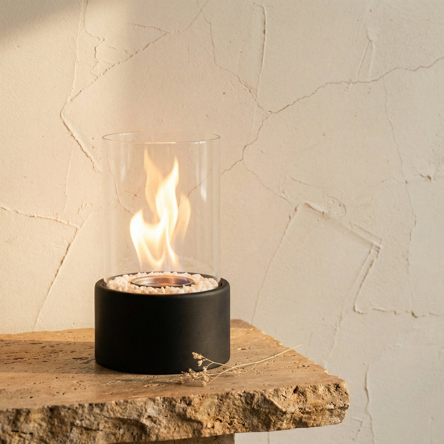 Bioethanol Tabletop Fireplace with Glass Cylinder and Metal Base-Home Decor > Decorative Accessories-casanuva-casanuva