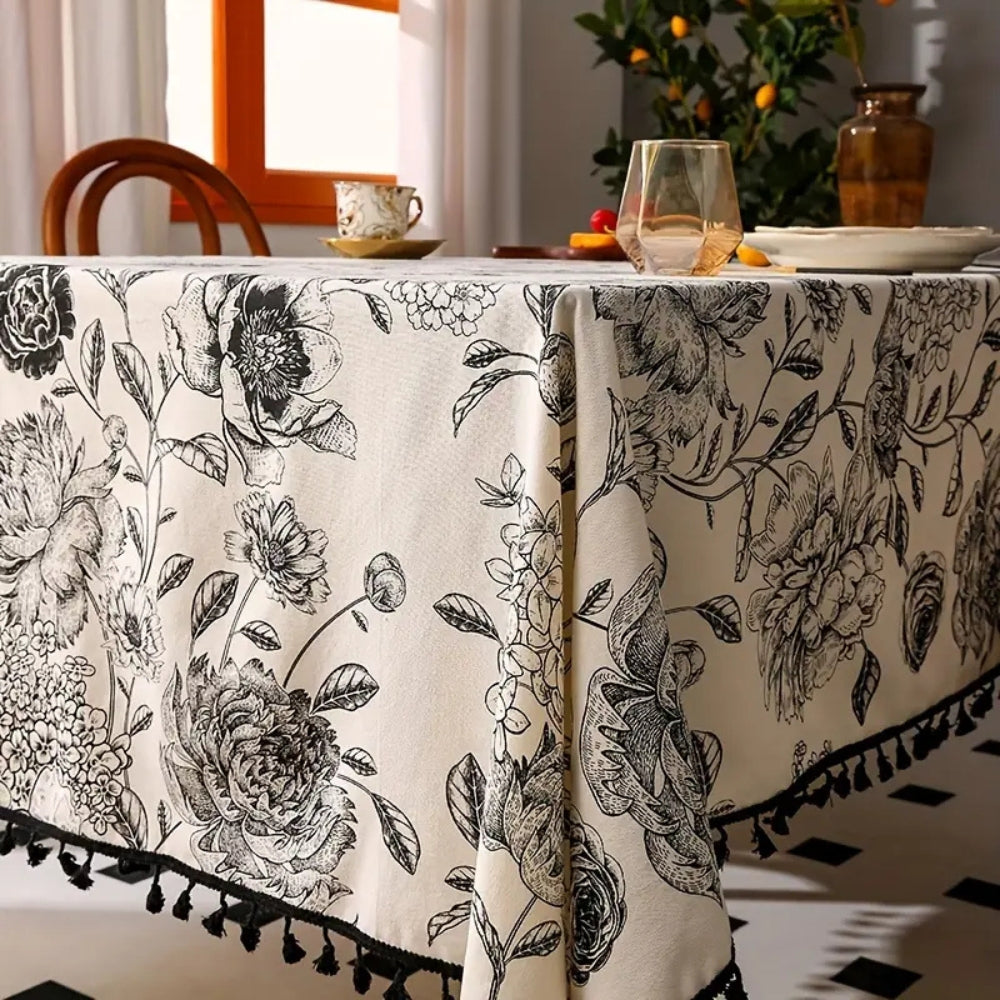 Black Floral Tasseled Tablecloth-Covers & Textiles > Table Cloths-casanuva-59"x59"-casanuva