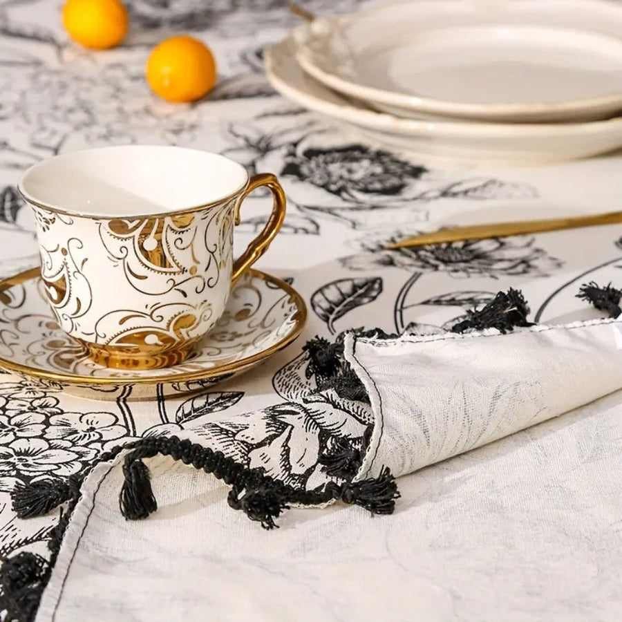 Black Floral Tasseled Tablecloth-Covers & Textiles > Table Cloths-casanuva-casanuva