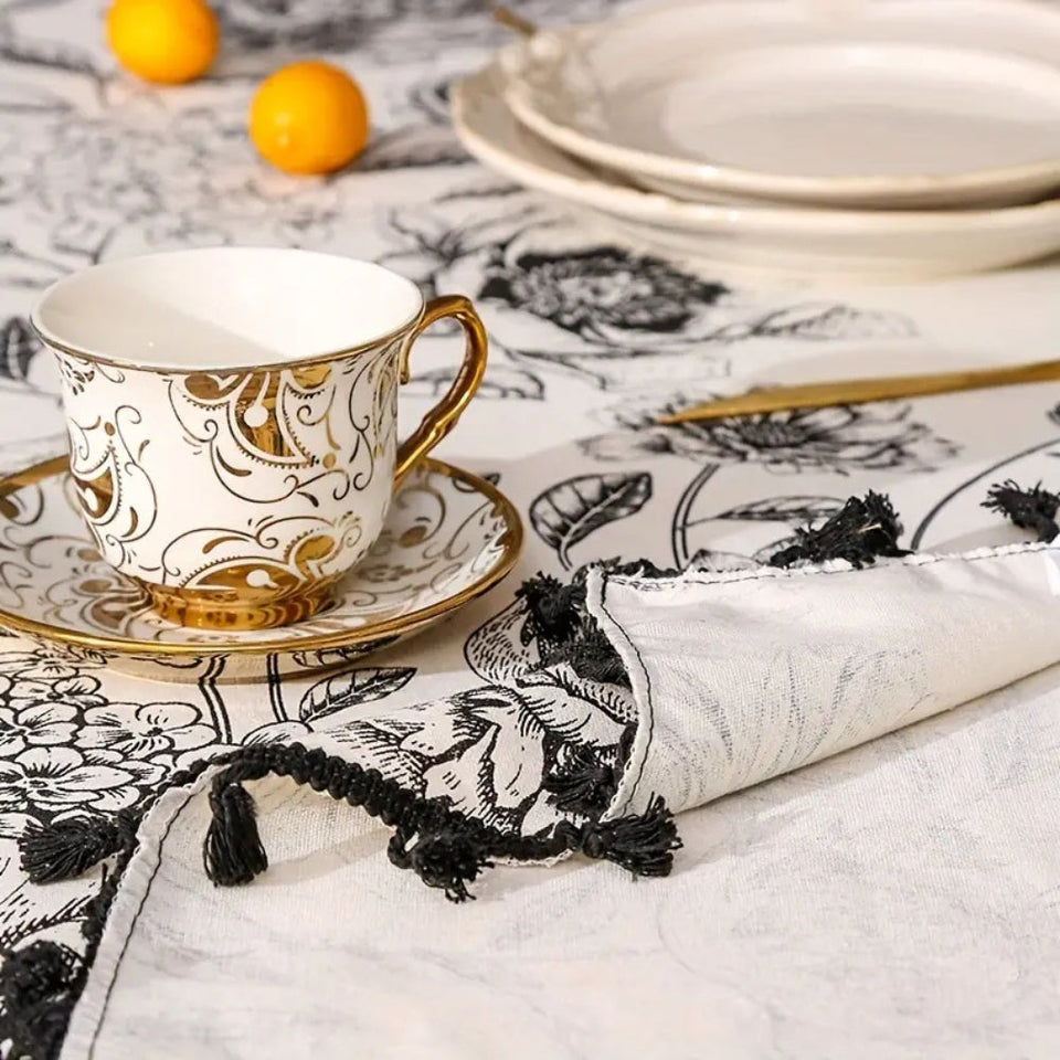 Black Floral Tasseled Tablecloth-Covers & Textiles > Table Cloths-casanuva-casanuva