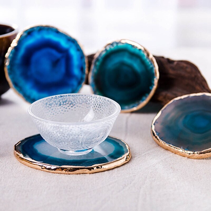 Blue Agate Coaster Set with Gold Accents-Kitchen & Dining > Tableware-casanuva-casanuva