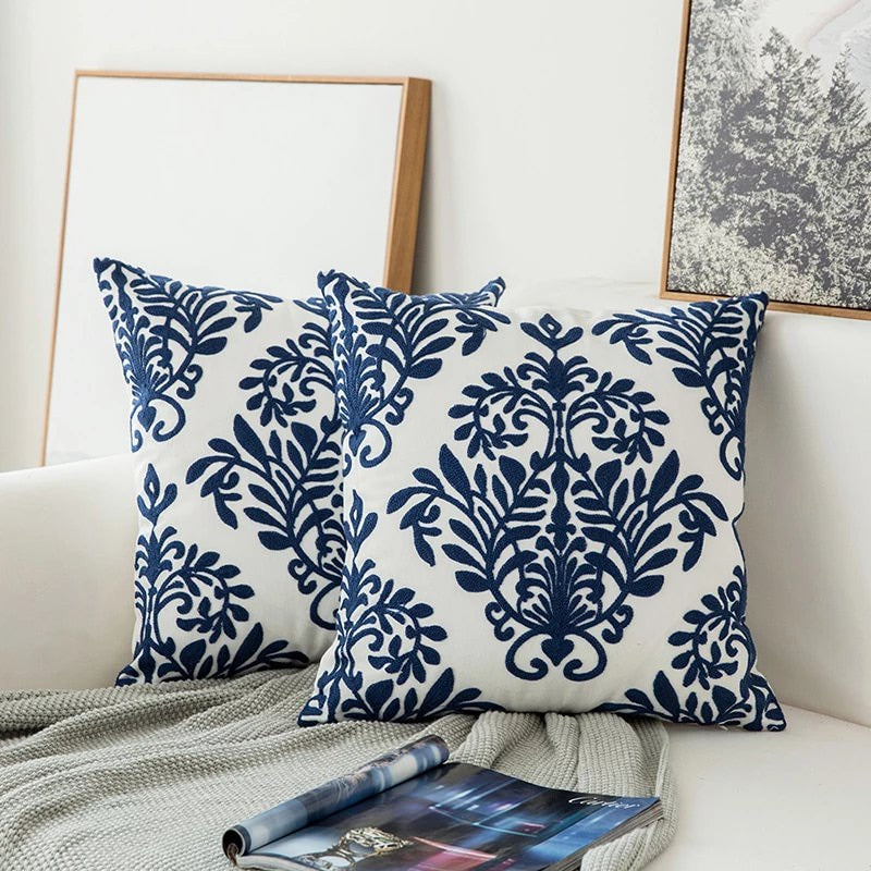 Blue Decorative Cushion Embroidered Classic Pattern Soft Luxury Fabric 45x45 cm-Covers & Textiles > Throw Pillows-casanuva-D-casanuva