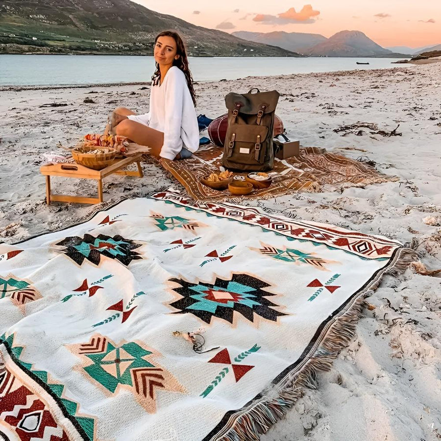 Bohemian Reversible Picnic Blanket Washable Jacquard Cotton Blend-Bedding & Bath > Blankets-casanuva-90 × 180 cm-casanuva