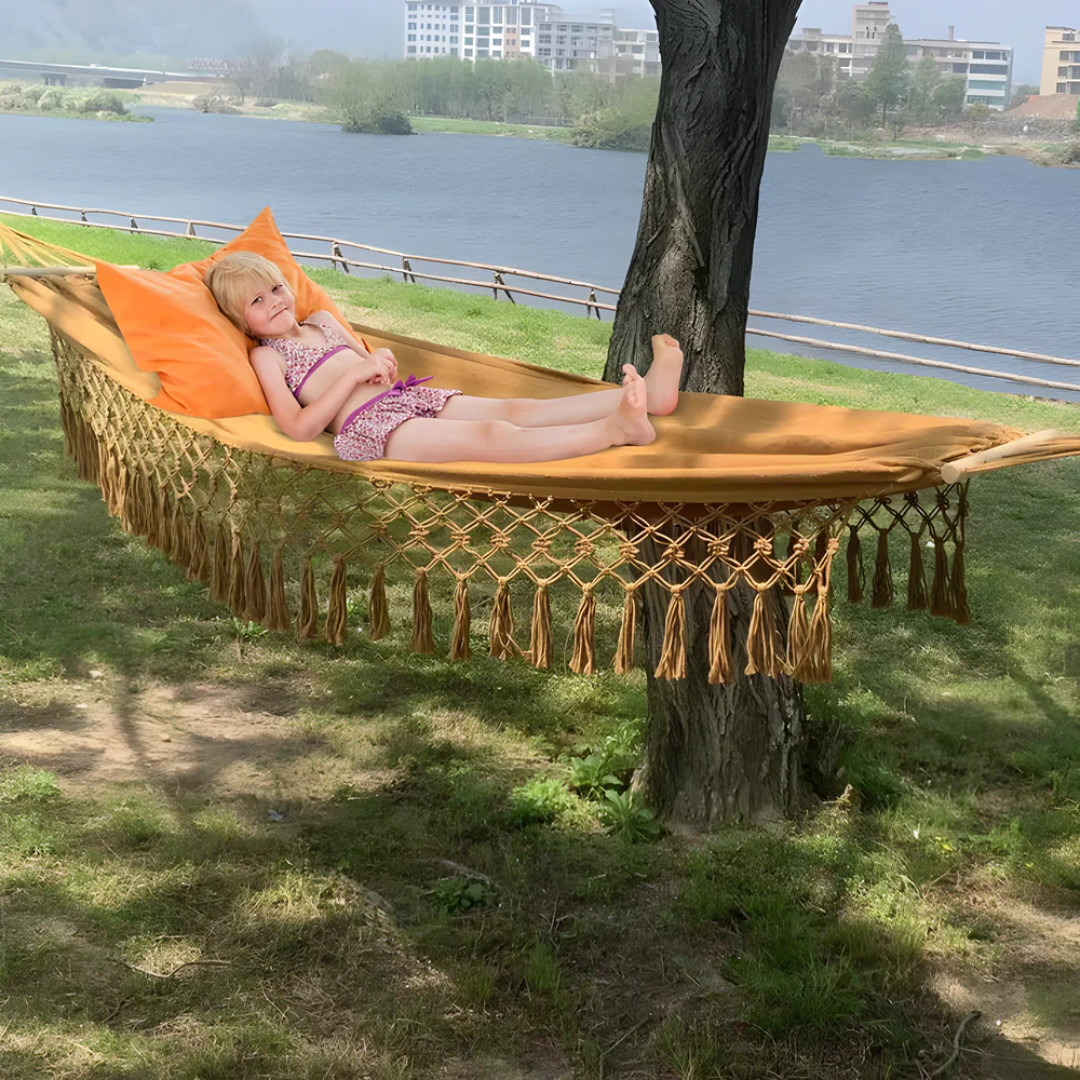 Boho Hammock with Wooden Spreaders Cotton Blend Supports 200 kg-Home Decor > Decorative Accessories-casanuva-casanuva