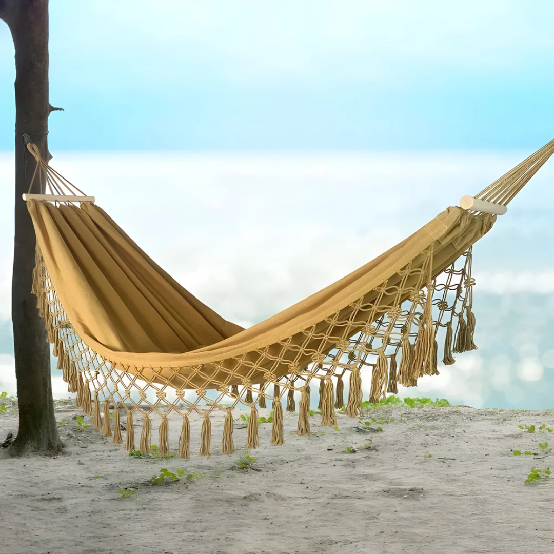 Boho Hammock with Wooden Spreaders Cotton Blend Supports 200 kg-Home Decor > Decorative Accessories-casanuva-casanuva