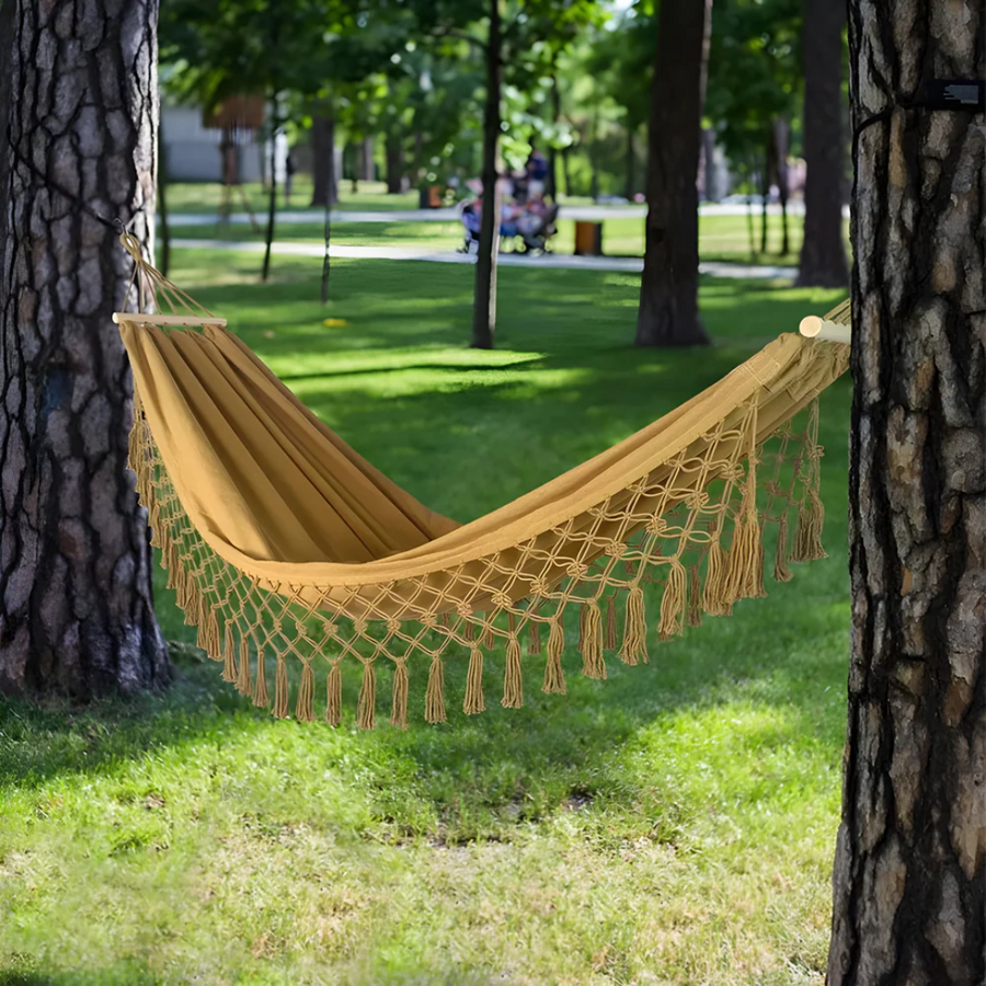 Boho Hammock with Wooden Spreaders Cotton Blend Supports 200 kg-Home Decor > Decorative Accessories-casanuva-casanuva