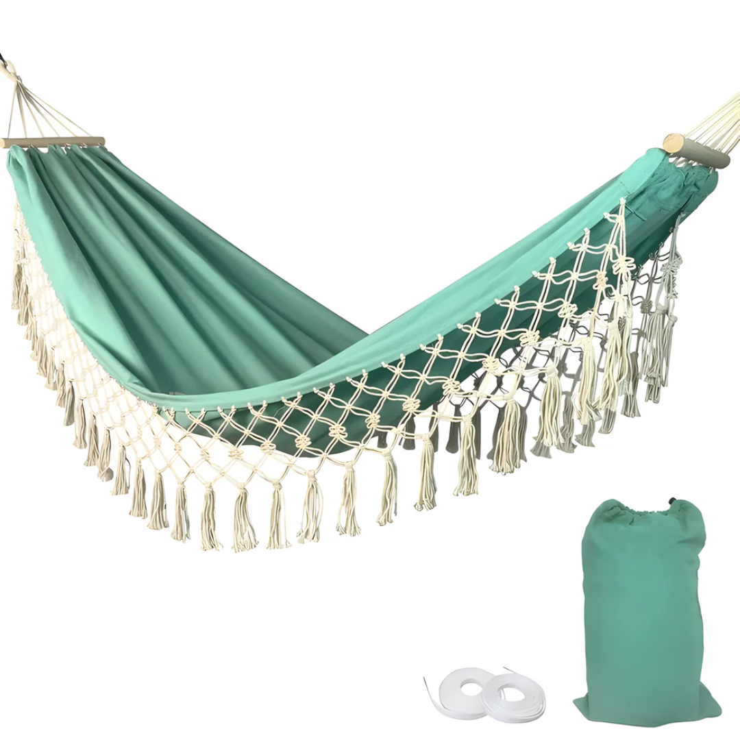 Boho Hammock with Wooden Spreaders Cotton Blend Supports 200 kg-Home Decor > Decorative Accessories-casanuva-Green-casanuva