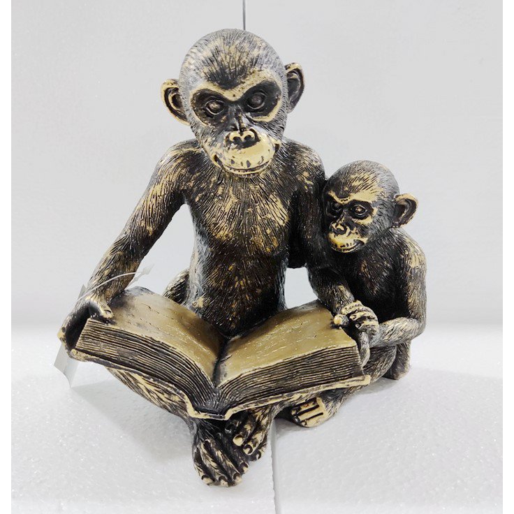 Bronze Polyresin Monkey Figurine Reading Book-Home Decor > Figurines-casanuva-W 15x20x17cm-casanuva