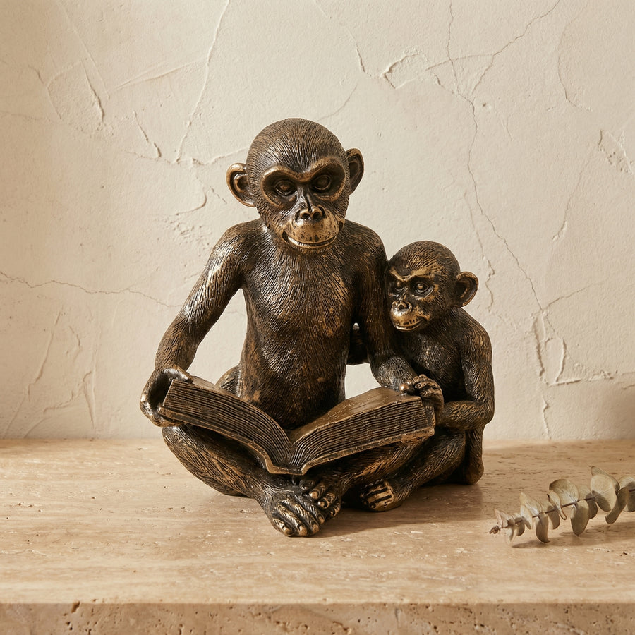 Bronze Polyresin Monkey Figurine Reading Book-Home Decor > Figurines-casanuva-casanuva