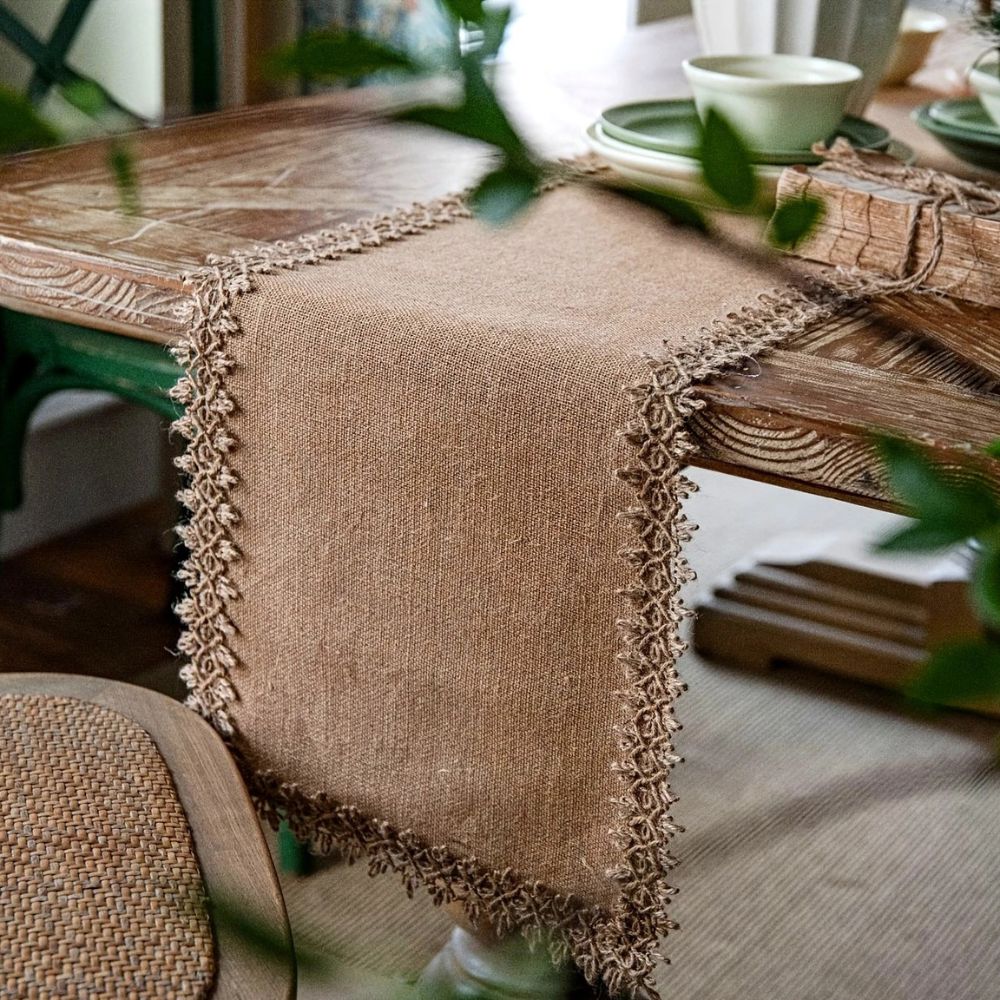 Burlap Boho Table Runner-Covers & Textiles > Table Runners-casanuva-Knit Lace Edge-12"x47"-casanuva