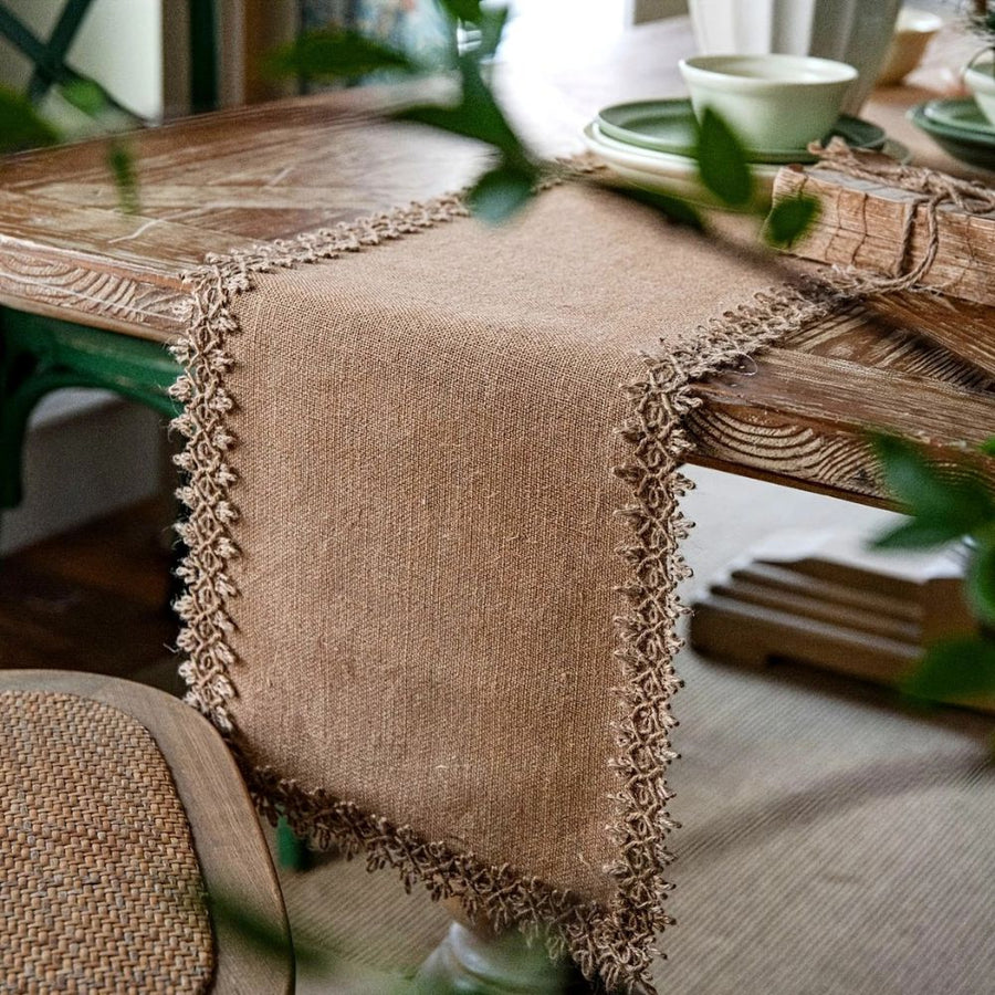 Burlap Boho Table Runner-Covers & Textiles > Table Runners-casanuva-Knit Lace Edge-12"x47"-casanuva