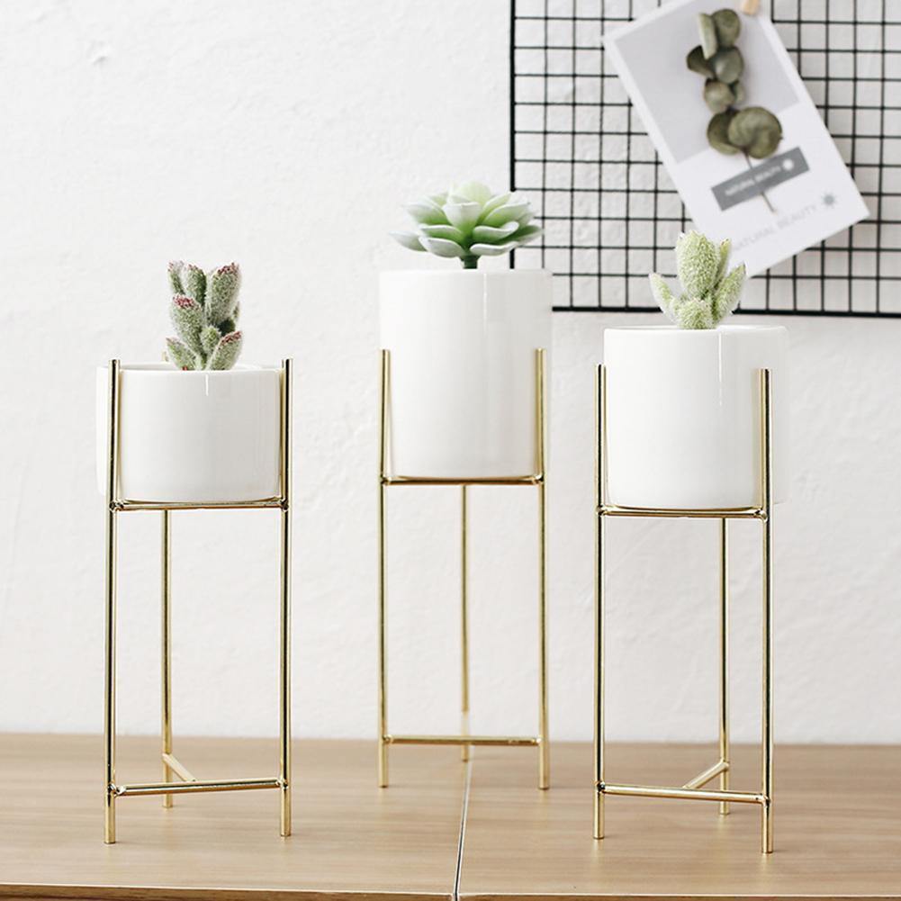 Ceramic Flower Pot with Metal Stand Modern Minimalist Design-Home Decor > Decorative Accessories-casanuva-Gold-Short-casanuva