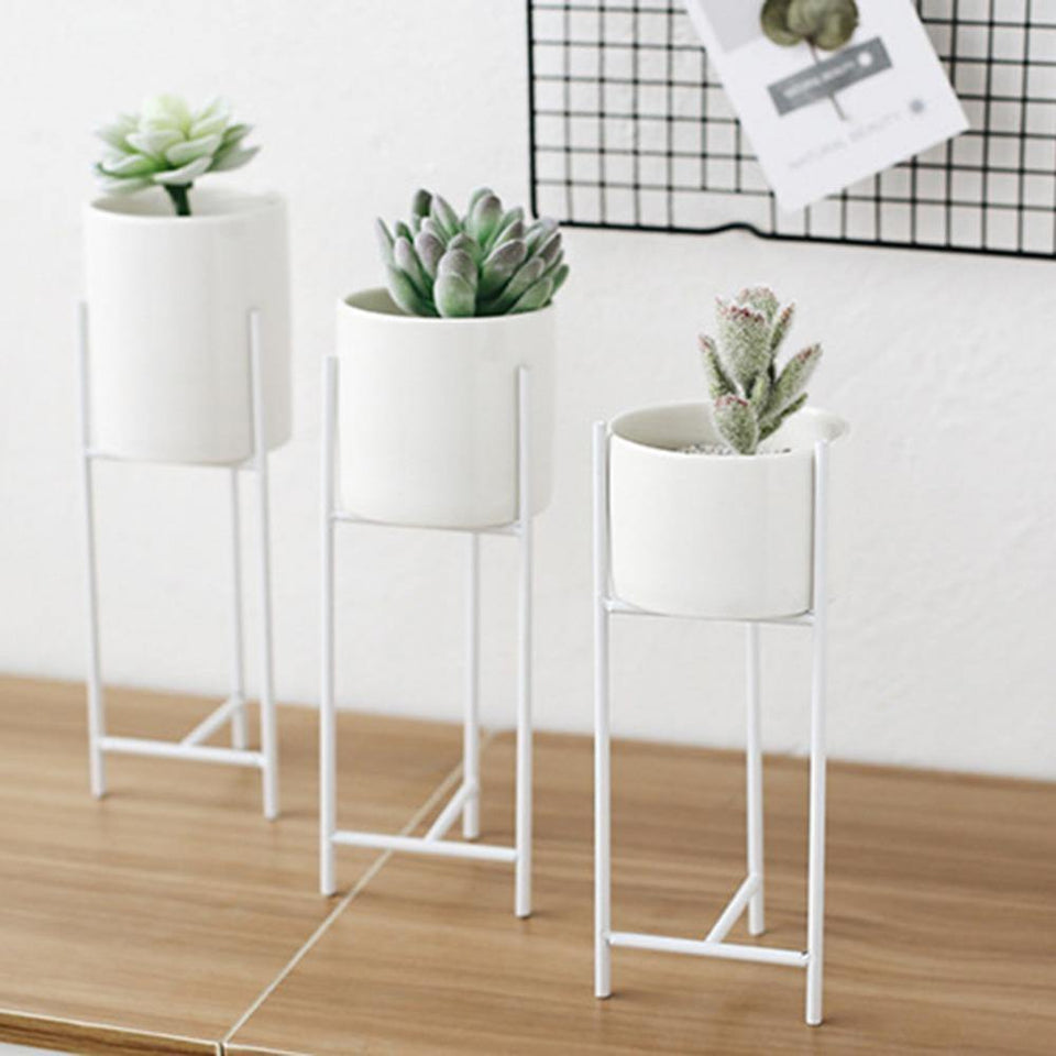 Ceramic Flower Pot with Metal Stand Modern Minimalist Design-Home Decor > Decorative Accessories-casanuva-White-Short-casanuva