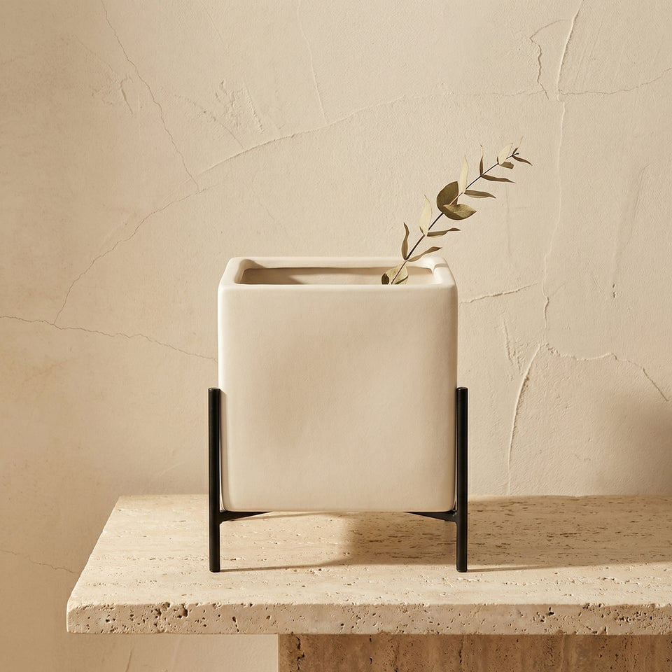 Ceramic Flower Pot with Metal Stand Modern Minimalist Design-Home Decor > Decorative Accessories-casanuva-casanuva