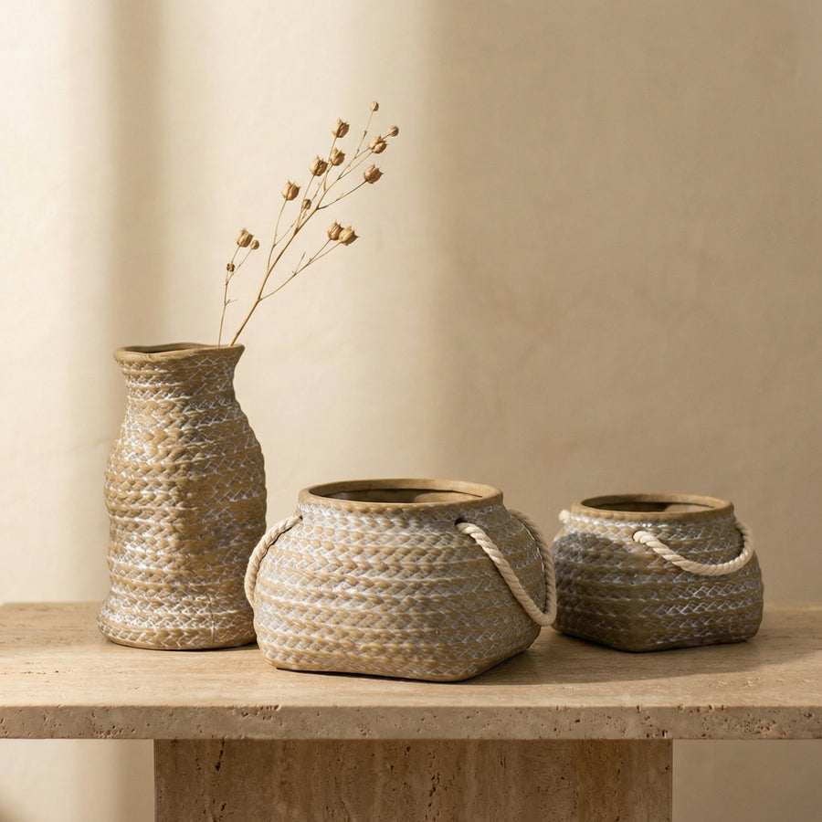 Ceramic Flower Pot with Rope Handles in Jute Bag Design-Home Decor > Decorative Accessories-casanuva-casanuva