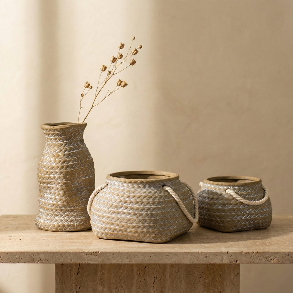 Ceramic Flower Pot with Rope Handles in Jute Bag Design-Home Decor > Decorative Accessories-casanuva-casanuva