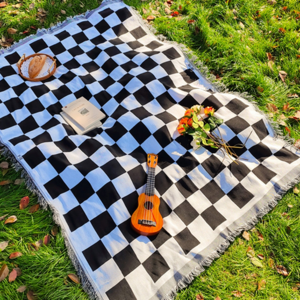Checked Picnic Blanket 130x180 cm Microfiber with Fringes-Bedding & Bath > Blankets-casanuva-casanuva