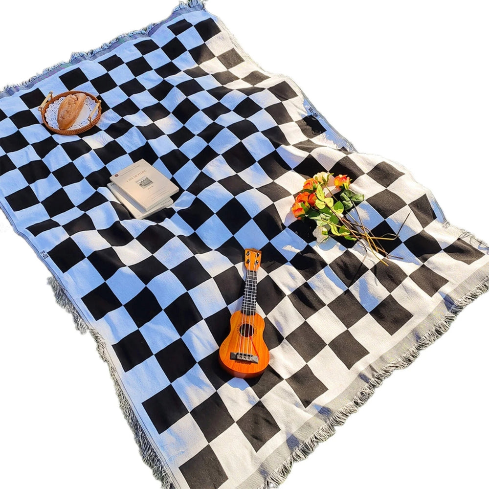 Checked Picnic Blanket 130x180 cm Microfiber with Fringes-Bedding & Bath > Blankets-casanuva-Black striped-casanuva