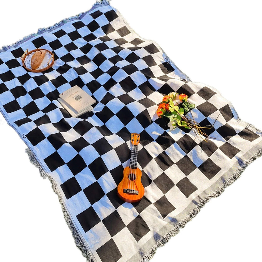 Checked Picnic Blanket 130x180 cm Microfiber with Fringes-Bedding & Bath > Blankets-casanuva-Black striped-casanuva
