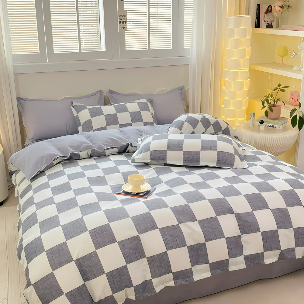 Checkered Bedding Set 3 Piece-Bedding & Bath > Bedding Sets-casanuva-White & Gray-Twin-casanuva