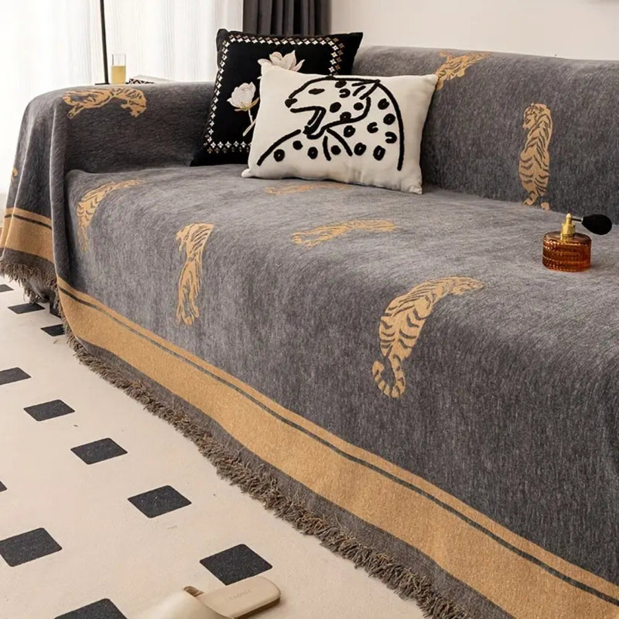 Chenille Tiger Sofa Cover-Covers & Textiles > Sofa Covers-casanuva-Ash Safari-71"x71"-casanuva