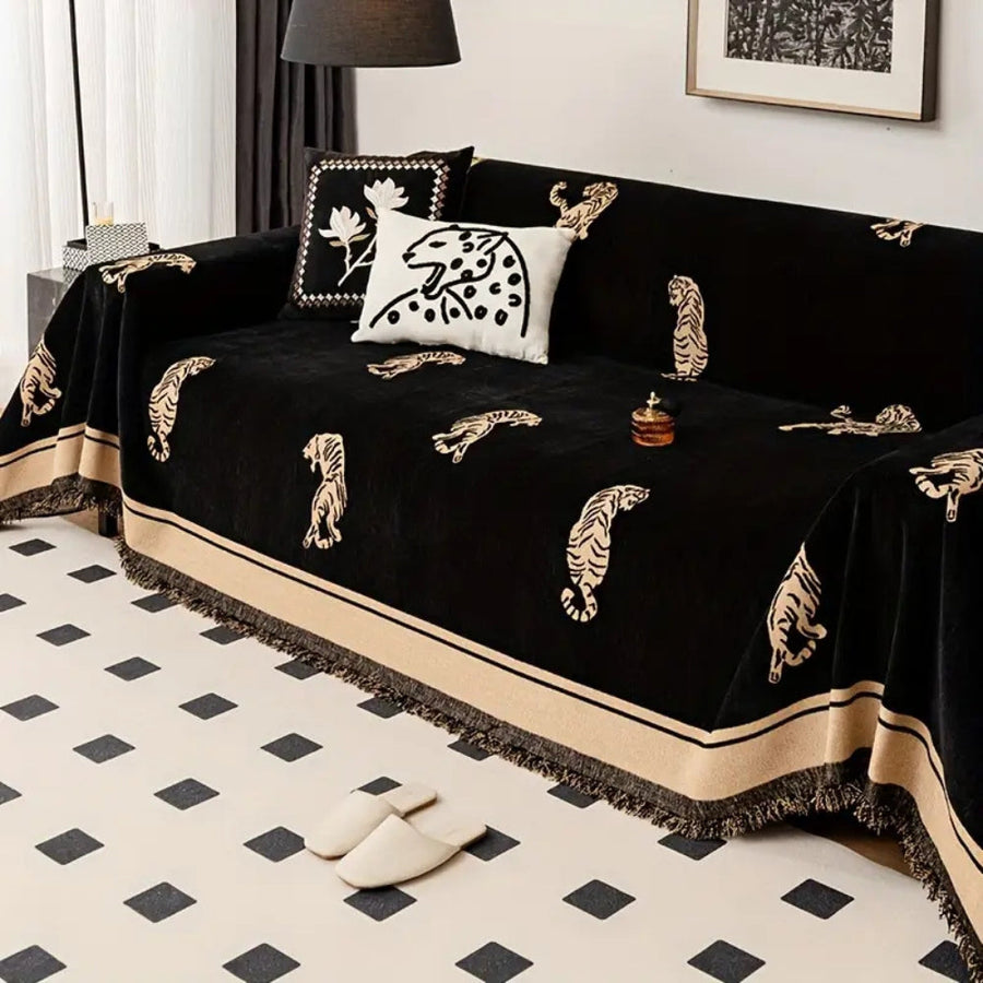 Chenille Tiger Sofa Cover-Covers & Textiles > Sofa Covers-casanuva-Midnight Panther-71"x71"-casanuva