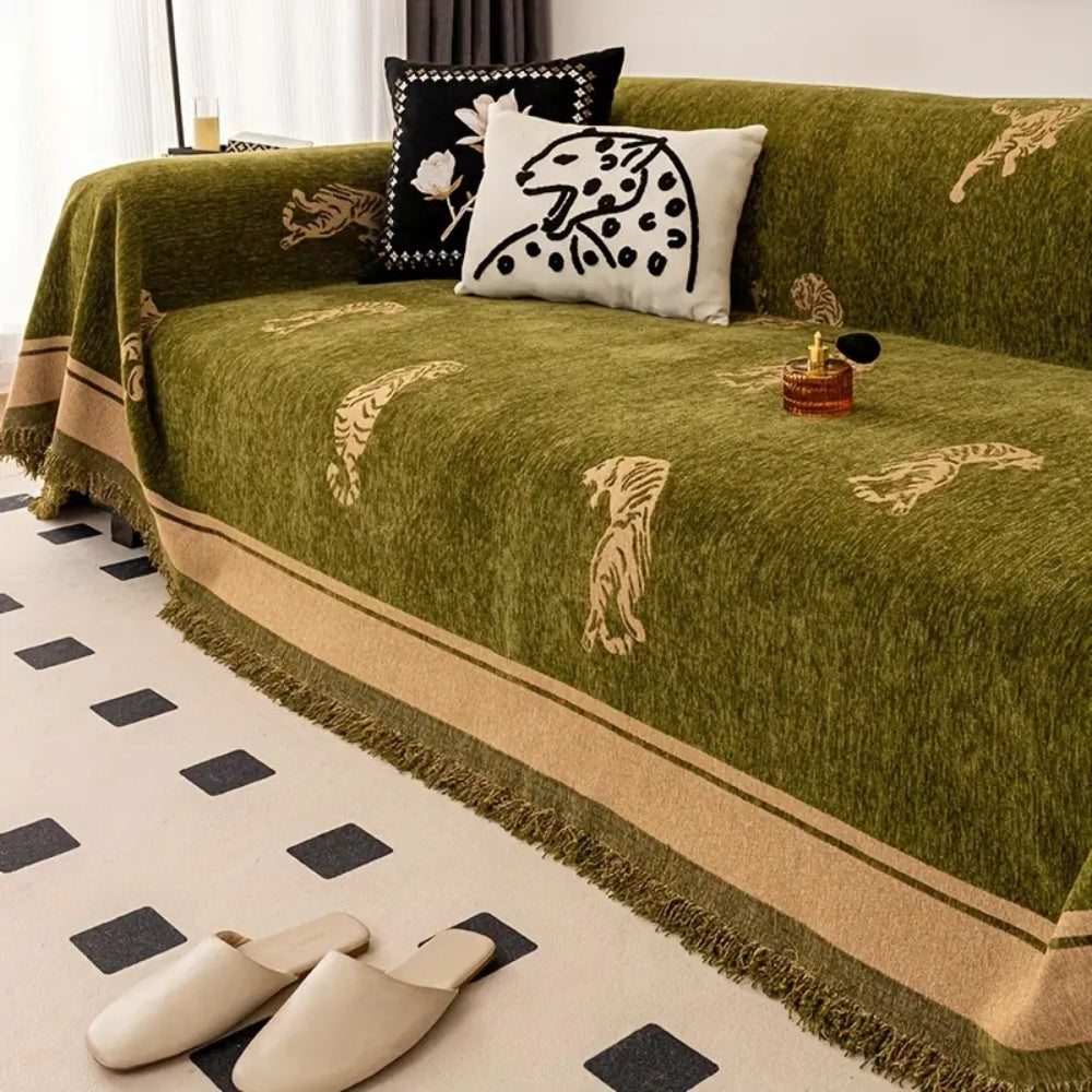 Chenille Tiger Sofa Cover-Covers & Textiles > Sofa Covers-casanuva-Olive Wild-71"x71"-casanuva