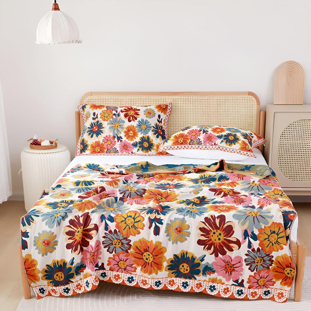 Cotton Blanket with Bright Floral Design-Bedding & Bath > Blankets-casanuva-59"x79"-casanuva