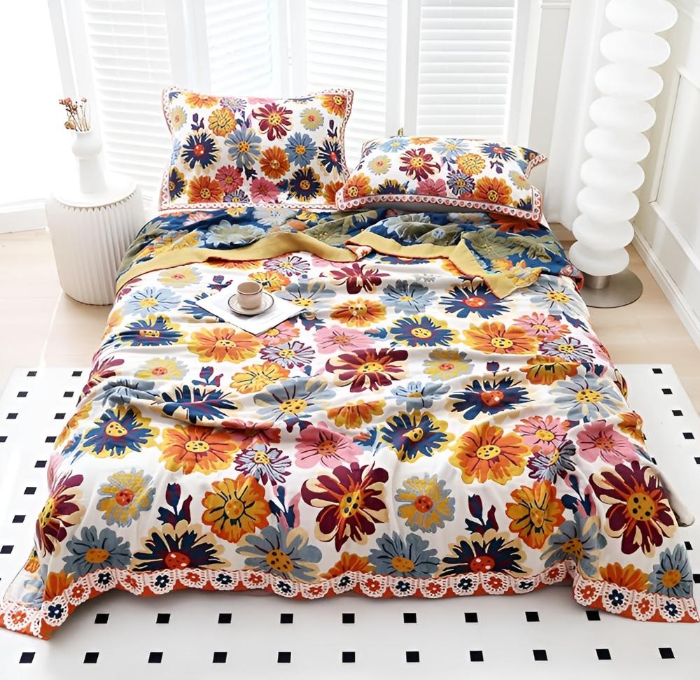 Cotton Blanket with Bright Floral Design-Bedding & Bath > Blankets-casanuva-casanuva