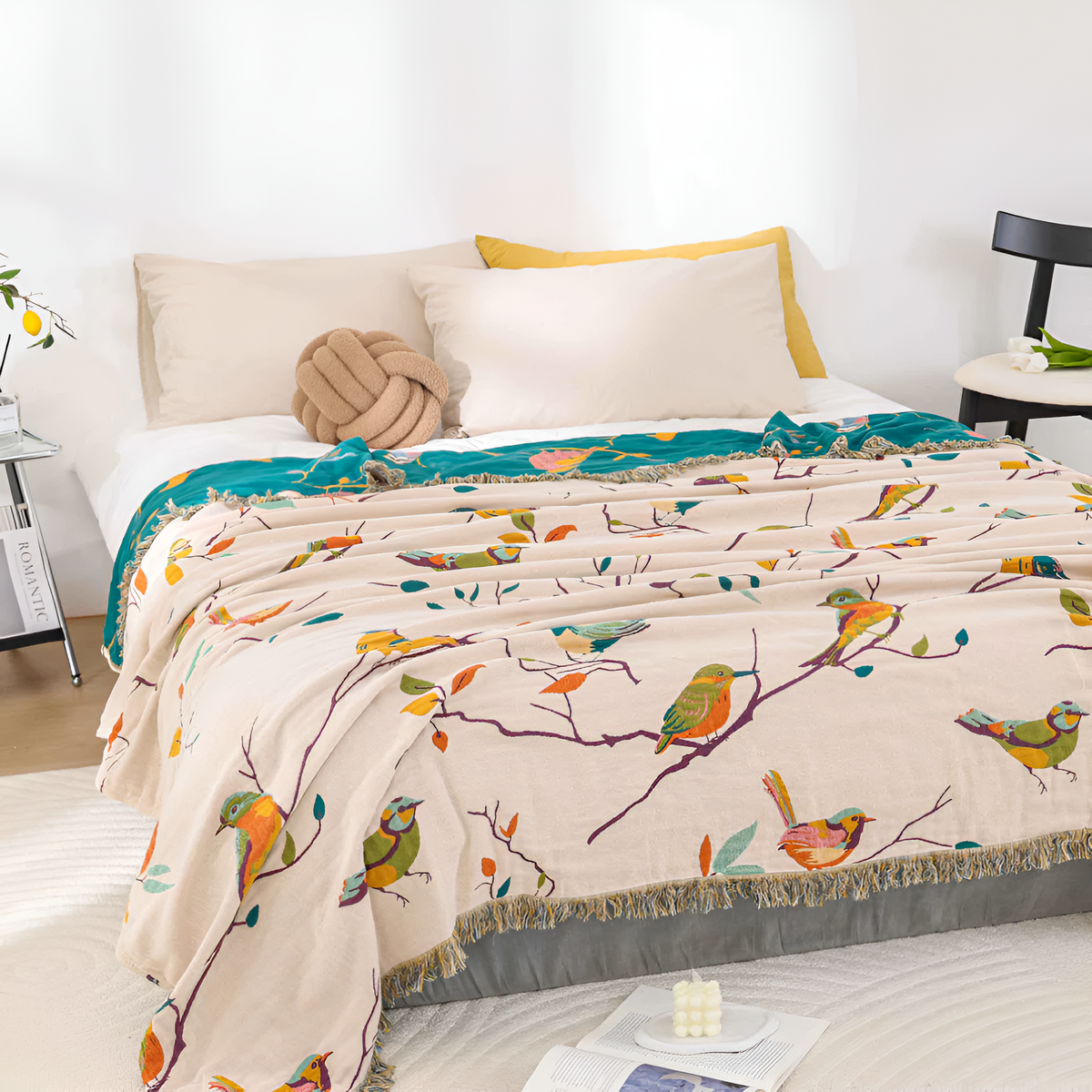 Cotton Blanket with Whimsical Bird Tassels-Bedding & Bath > Blankets-casanuva-casanuva