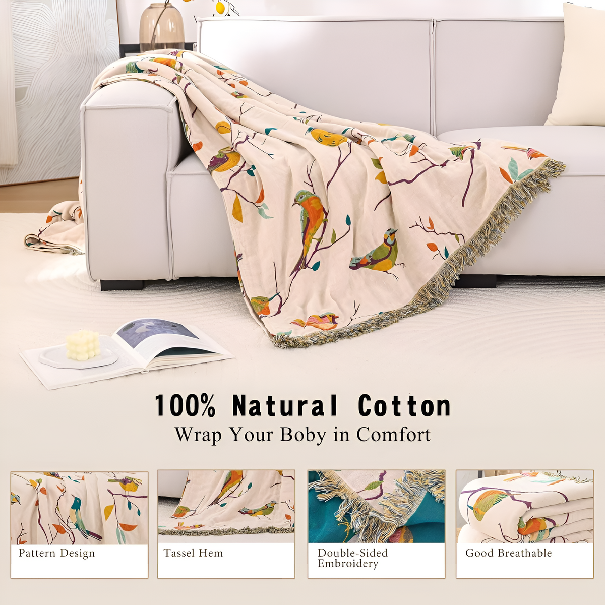 Cotton Blanket with Whimsical Bird Tassels-Bedding & Bath > Blankets-casanuva-casanuva