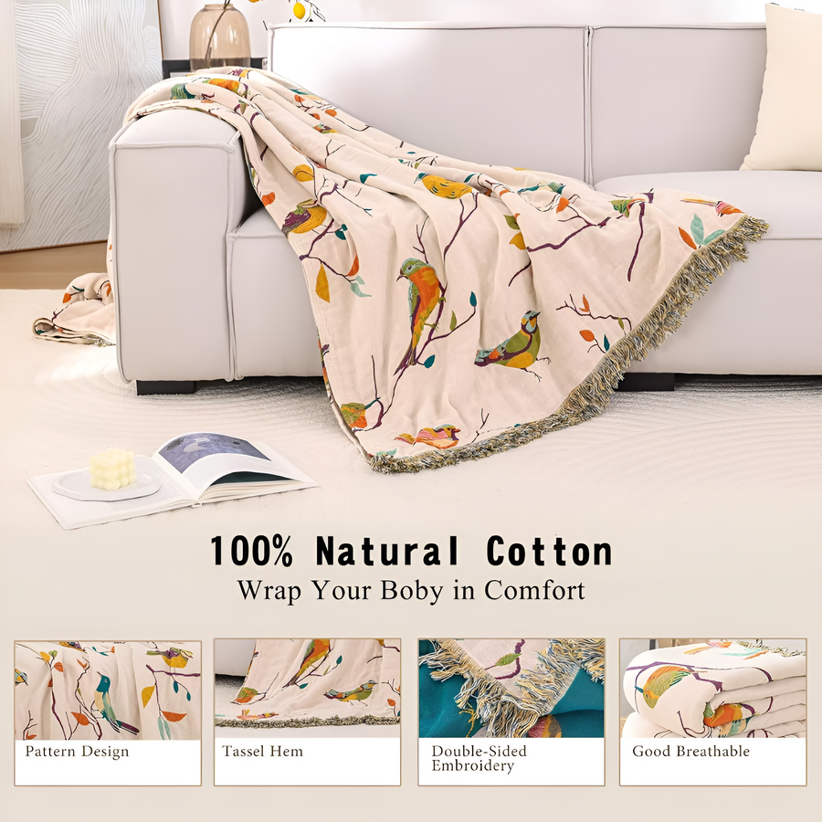 Cotton Blanket with Whimsical Bird Tassels-Bedding & Bath > Blankets-casanuva-casanuva