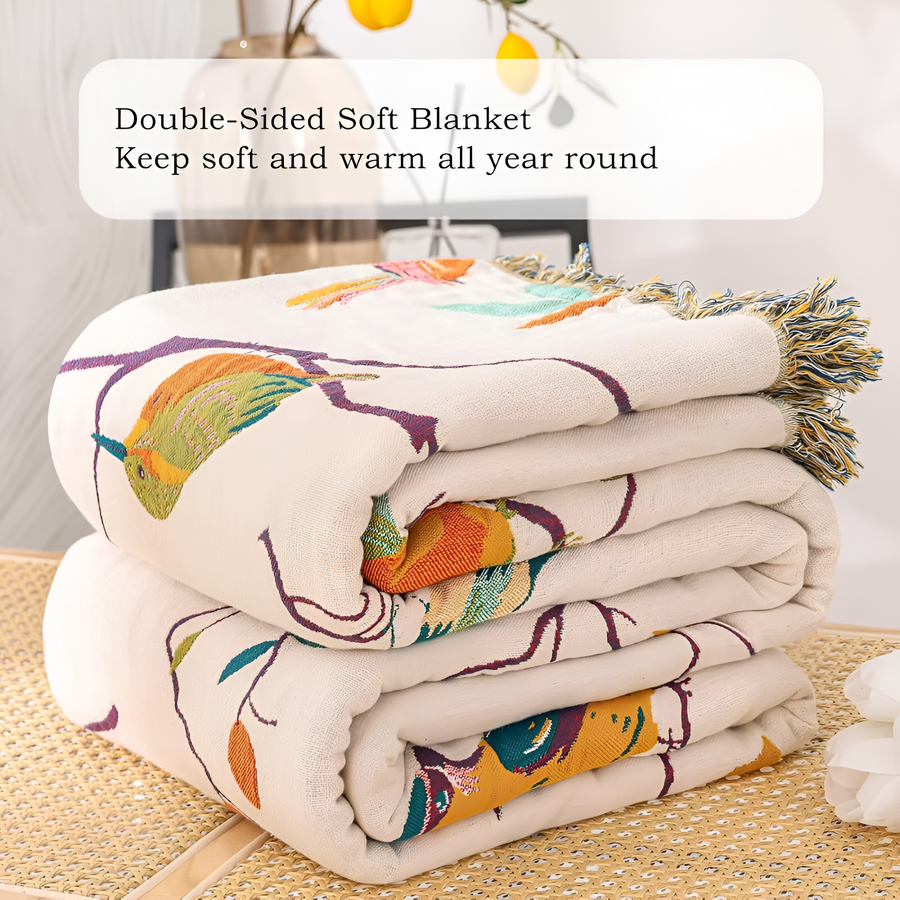 Cotton Blanket with Whimsical Bird Tassels-Bedding & Bath > Blankets-casanuva-casanuva