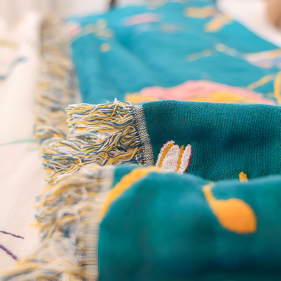 Cotton Blanket with Whimsical Bird Tassels-Bedding & Bath > Blankets-casanuva-casanuva
