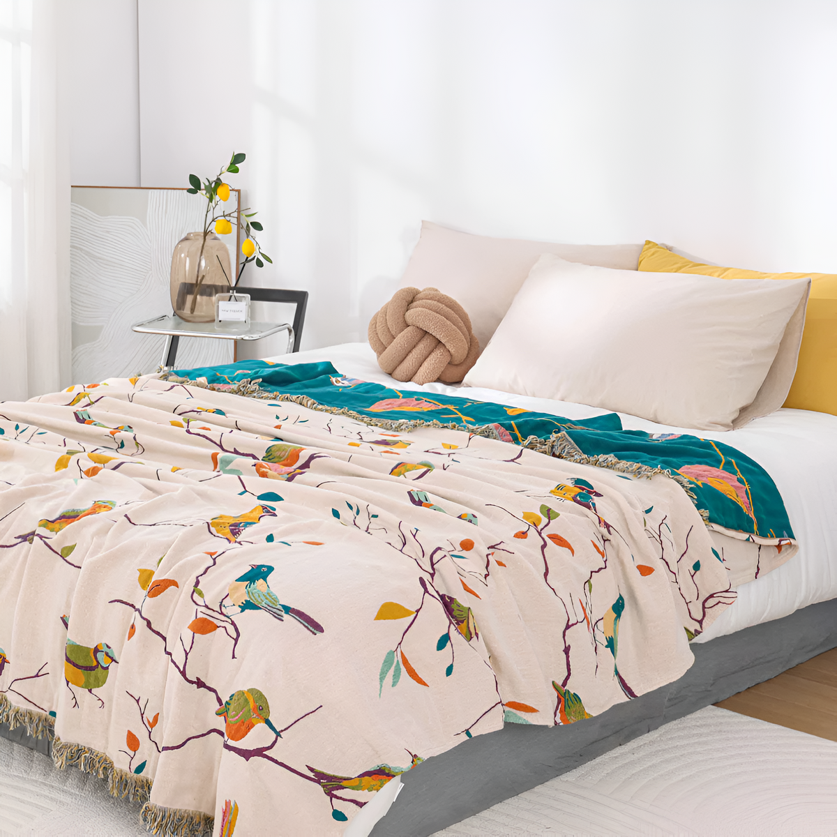 Cotton Blanket with Whimsical Bird Tassels-Bedding & Bath > Blankets-casanuva-Queen-casanuva