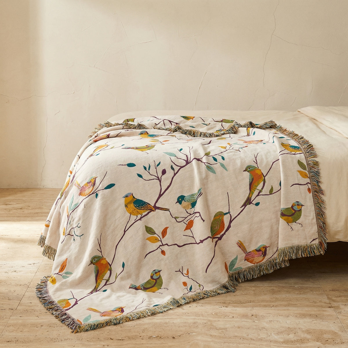 Cotton Blanket with Whimsical Bird Tassels-Bedding & Bath > Blankets-casanuva-casanuva